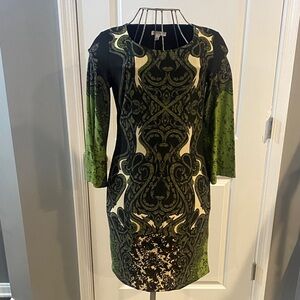 Dress Barn Green Black Cream Paisley Midi Dress
